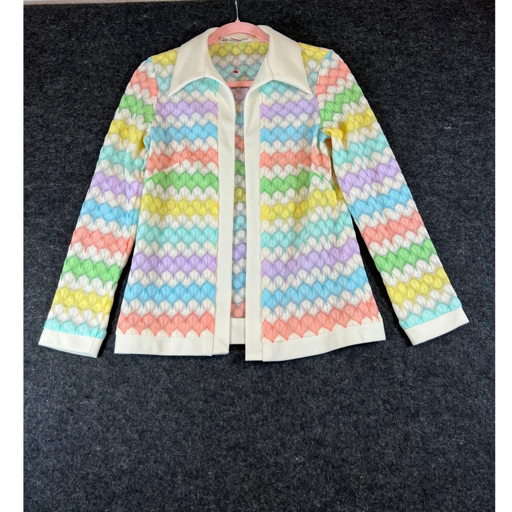 Vintage 90s Montgomery Ward Rainbow Chevron Knit Open Front Cardigan Womens S